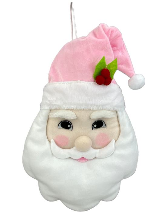 Introducing the 17" by 12" by 5" Pink Plush Santa Head (Item #85830PK), a delightful Christmas decoration characterized by its fluffy white beard and a pink hat accented with green leaves and red berries. Designed for hanging, its adorable, cartoonish style brings festive cheer to any setting, making it perfect for spreading holiday joy.