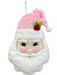 Introducing the 17" by 12" by 5" Pink Plush Santa Head (Item #85830PK), a delightful Christmas decoration characterized by its fluffy white beard and a pink hat accented with green leaves and red berries. Designed for hanging, its adorable, cartoonish style brings festive cheer to any setting, making it perfect for spreading holiday joy.