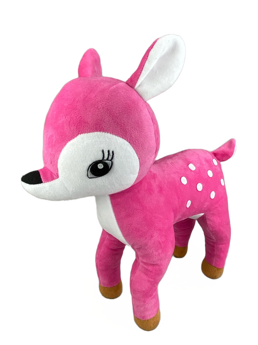 The 16" by 15" by 4" Pink Plush Deer (Product Code: 85831PK) showcases a vibrant pink color with white accents on its face and spots along its back. It features large eyes, a small nose, and stands upright with brown hooves and a short tail.