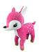 The 16" by 15" by 4" Pink Plush Deer (Product Code: 85831PK) showcases a vibrant pink color with white accents on its face and spots along its back. It features large eyes, a small nose, and stands upright with brown hooves and a short tail.