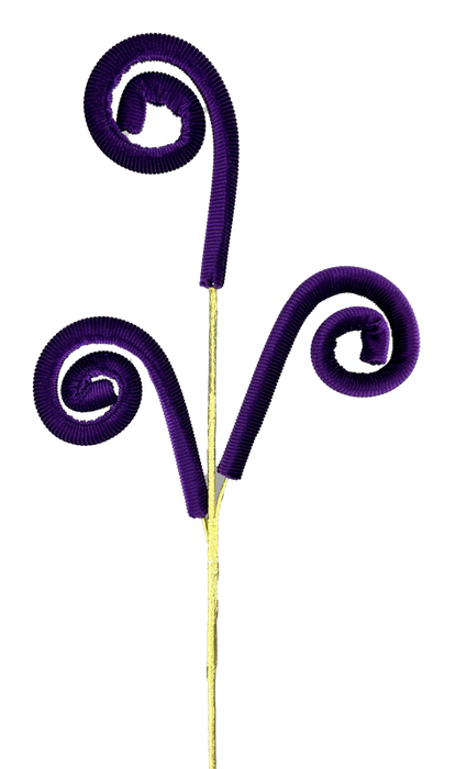 The 28" Purple Spiral Curly Spray, model 85915PU, boasts a whimsical design with three symmetrically arranged, spiraled purple wire-like tendrils extending from a thin light brown base on a transparent background.