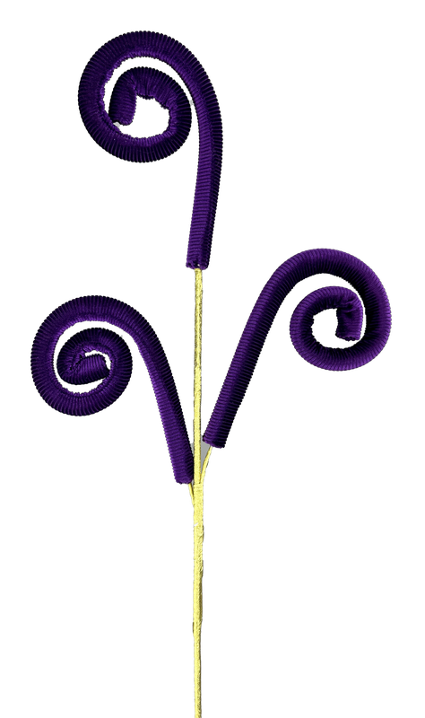 The 28" Purple Spiral Curly Spray, model 85915PU, boasts a whimsical design with three symmetrically arranged, spiraled purple wire-like tendrils extending from a thin light brown base on a transparent background.