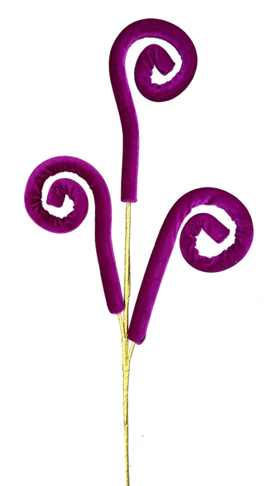 The 28" Hot Pink Spiral Curly Spray (product code 85917BT) includes three spiral-shaped decorations in a vibrant hot pink color, reminiscent of fiddlehead ferns, attached to golden stems on a white background.