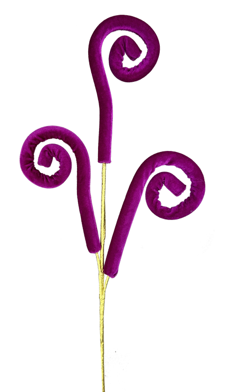 The 28" Hot Pink Spiral Curly Spray (product code 85917BT) includes three spiral-shaped decorations in a vibrant hot pink color, reminiscent of fiddlehead ferns, attached to golden stems on a white background.