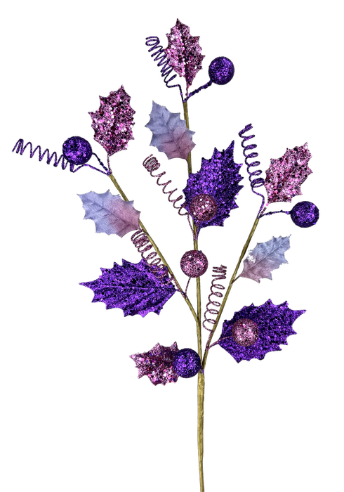 The 17" Purple Glitter Holly Leaves and Ball Spray 85959PU features an arrangement of glittery purple holly leaves and pink balls on a slender stem, offering a mix of textures and shades that create a floral display effect.