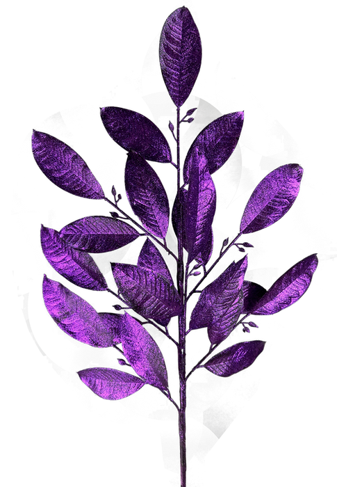 The 30" Purple Glitter Leaves Spray with 7 stems, model 86008PU, highlights a branch adorned with textured purple leaves against a simple backdrop. The glossy elongated leaves are paired along the stem, offering an ornamental appearance.