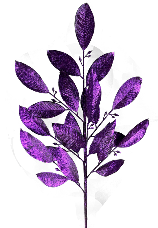 The 30" Purple Glitter Leaves Spray with 7 stems, model 86008PU, highlights a branch adorned with textured purple leaves against a simple backdrop. The glossy elongated leaves are paired along the stem, offering an ornamental appearance.