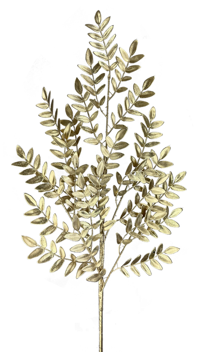 Against a plain background, the 28" Gold Glitter Fern Spray, featuring intricate detailing and composed of three stems (86009GD), is elegantly arranged.