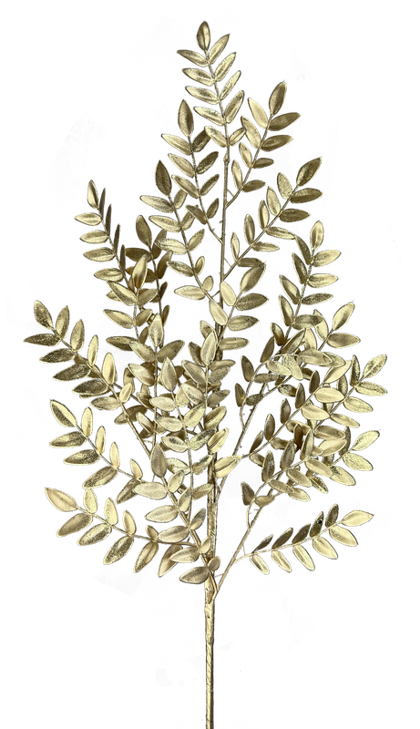 Against a plain background, the 28" Gold Glitter Fern Spray, featuring intricate detailing and composed of three stems (86009GD), is elegantly arranged.