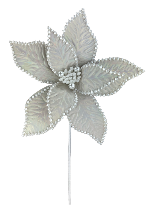 A detailed close-up showcases the elegant 24" by 10" White Iridescent Poinsettia Pearl Stem 86059WT, its five large iridescent petals edged with delicate pearls. Clusters of pearls form the center, echoing the intricate grace of a pearl stem against a pristine white background.