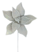 A detailed close-up showcases the elegant 24" by 10" White Iridescent Poinsettia Pearl Stem 86059WT, its five large iridescent petals edged with delicate pearls. Clusters of pearls form the center, echoing the intricate grace of a pearl stem against a pristine white background.