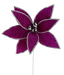 A 20" by 10" Hot Pink Rhinestone Velvet Poinsettia Stem 86103BT in shimmering magenta features glittery silver edging on each petal and is detailed with small silver bells at the center, set against a pristine white background.