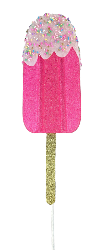 The 21" by 4" by 1.5" Pink Sprinkle Popsicle Spray, product code 86105PK, is a captivating glittery pink popsicle with a white icing top and vibrant sprinkles, beautifully mounted on a gold stick.