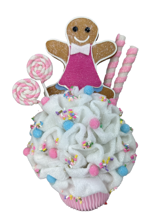 The 10" by 16" Pink Gingerbread Cupcake Ornament (Model: 86112PK) is a whimsical decoration featuring swirled white frosting, vibrant sprinkles, and candy pieces. It is adorned with a pink-topped gingerbread figure and includes two pink and white swirled lollipops alongside striped sticks.