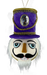 Introducing the 10" by 7" Purple Nutcracker Soldier Head Ornament (86119PU), featuring a striking purple velvet top hat with intricate gold trim and a prominent gem. The detailed face includes blue eyes, a black mustache, white beard, and distinctive red-and-white teeth, framed by elegantly styled white hair.