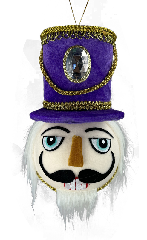 Introducing the 10" by 7" Purple Nutcracker Soldier Head Ornament (86119PU), featuring a striking purple velvet top hat with intricate gold trim and a prominent gem. The detailed face includes blue eyes, a black mustache, white beard, and distinctive red-and-white teeth, framed by elegantly styled white hair.