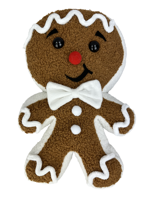 The 12" by 8" by 2" Brown Plush Gingerbread with Bow (86133BN) features a delightful red nose, button eyes in black, and an adorable white bow. Its brown textured fabric is adorned with icing accents and finished with white trim along the edges.