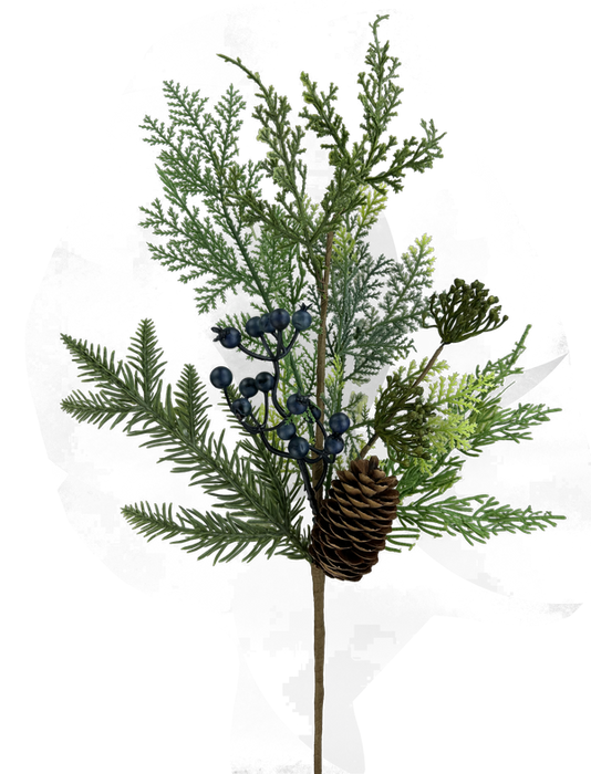 The 21" Berry Cedar Mix Spray (86144SP21) features a blend of fern-like leaves, clusters of dark berries, and a single pinecone arranged artistically against a clear backdrop.