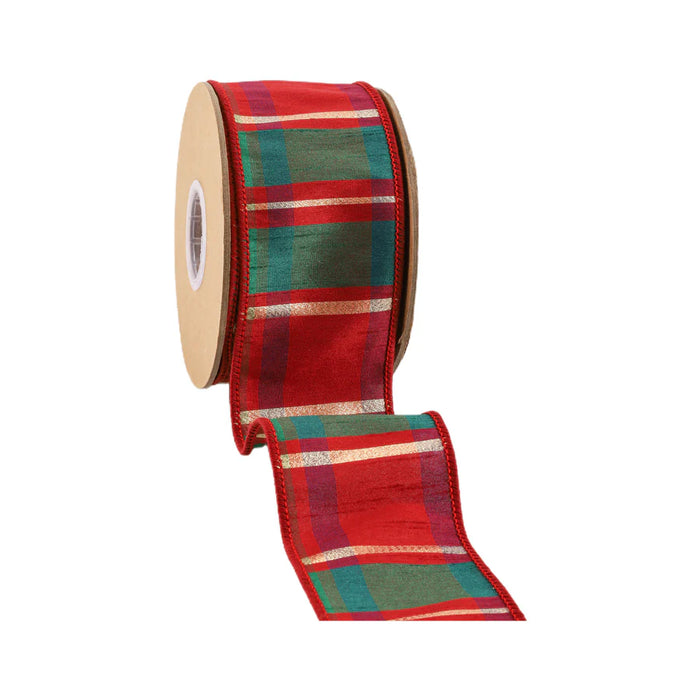 2.5" Red Green and Gold Plaid Check Dupioni Ribbon 9113W-036-63E