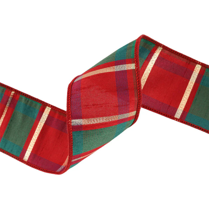 2.5" Red Green and Gold Plaid Check Dupioni Ribbon 9113W-036-63E