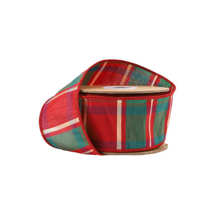 2.5" Red Green and Gold Plaid Check Dupioni Ribbon 9113W-036-63E