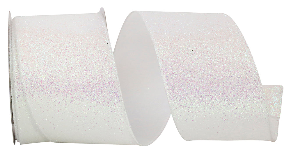 The 2.5" by 10 Yard Iridescent Glitter Wired Edge Ribbon, with product code 92719W-089-40F, is partially unrolled in a spiral shape against a plain white background, showcasing its iridescent quality and subtle glittery texture.