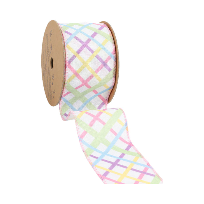 2.5" White with Pastel Bias Plaid Ribbon 9300W-003-63E