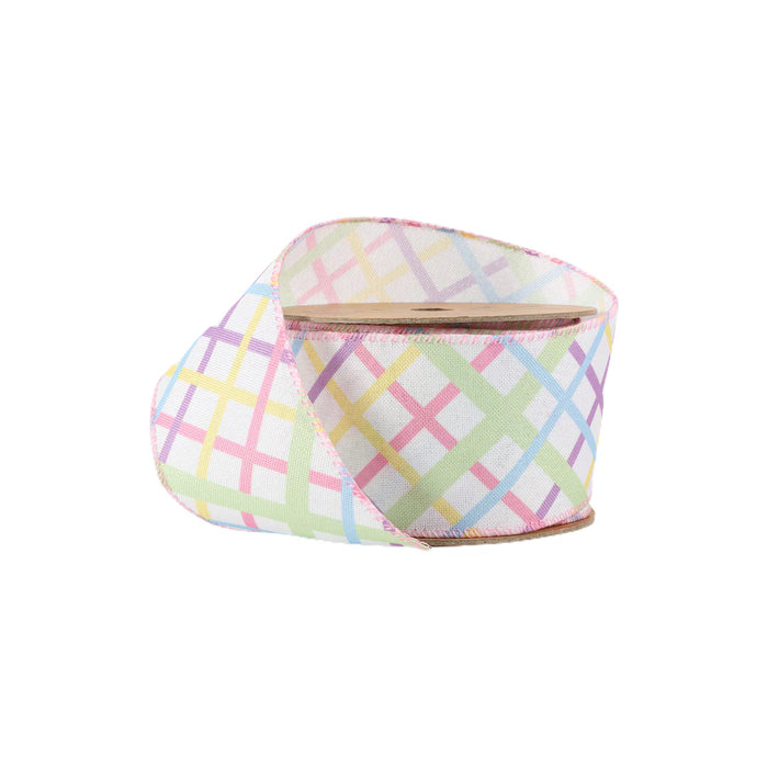 2.5" White with Pastel Bias Plaid Ribbon 9300W-003-63E