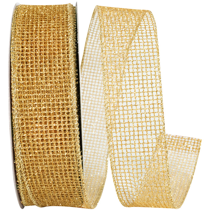 1.5" by 20 Yard Micro Mesh Glitter Metallic Gold Wired Edge Ribbon 93290W-035-09H