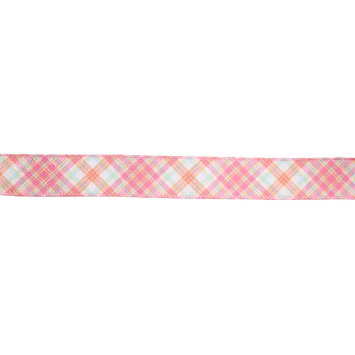 The 1.5 Pink Bias Plaid Ribbon 9330W-175-38E showcases a blend of pink, yellow, and white intersecting lines forming small squares across a horizontal strip.