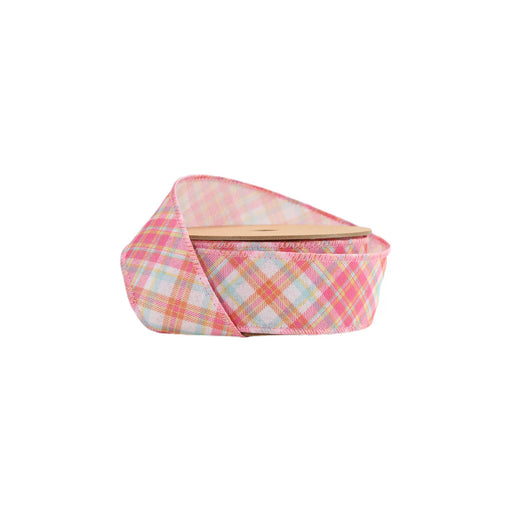 The 1.5 Pink Bias Plaid Ribbon (9330W-175-38E) is partially unrolled, displaying its charming pink, orange, and white checkered design against a clean white backdrop.