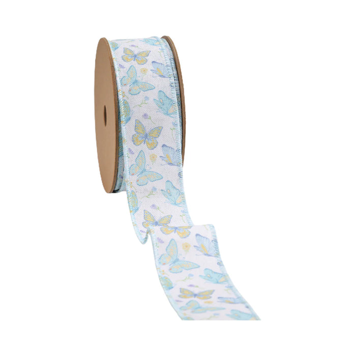 1.5" White and Blue Butterflies Ribbon 9331W-029-38E