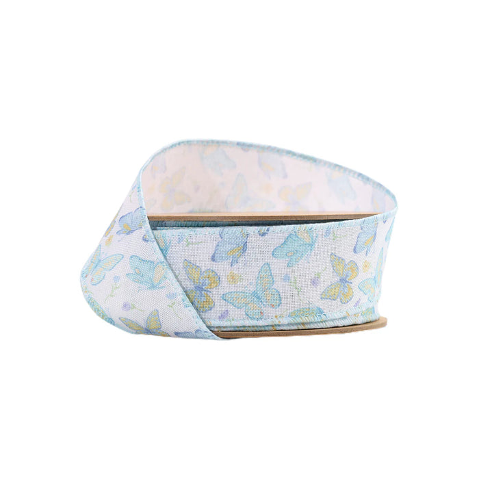 1.5" White and Blue Butterflies Ribbon 9331W-029-38E