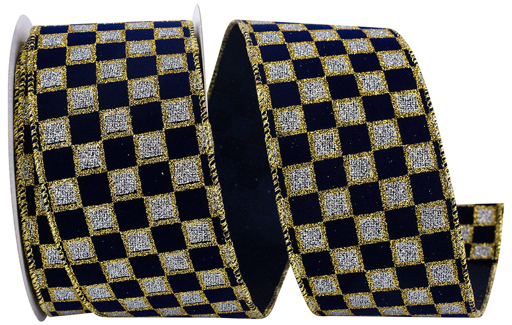 A partially unrolled navy and silver velvet glitter ribbon, featuring a checkered pattern with wired edges for easy shaping, highlights its elegance and versatility.