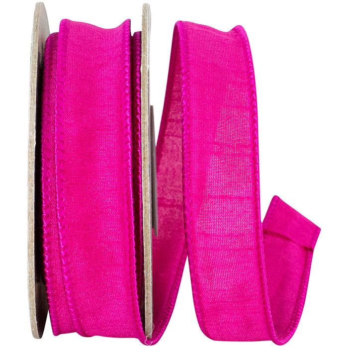 Two spools of 7/8" by 10 Yard Fuchsia Custom Color Dupioni Wired Edge Ribbon are displayed next to each other. The ribbons, partially unwound, reveal their smooth, sheer texture and vibrant hue. The edges of this custom color ribbon are slightly reinforced.