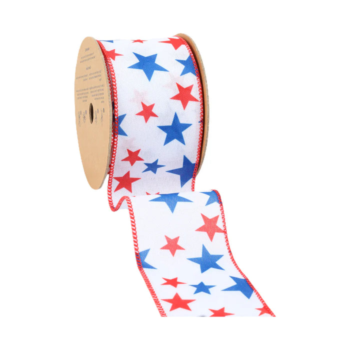 2.5" White with Red and Blue Stars Wired Ribbon 9500W-029-63E