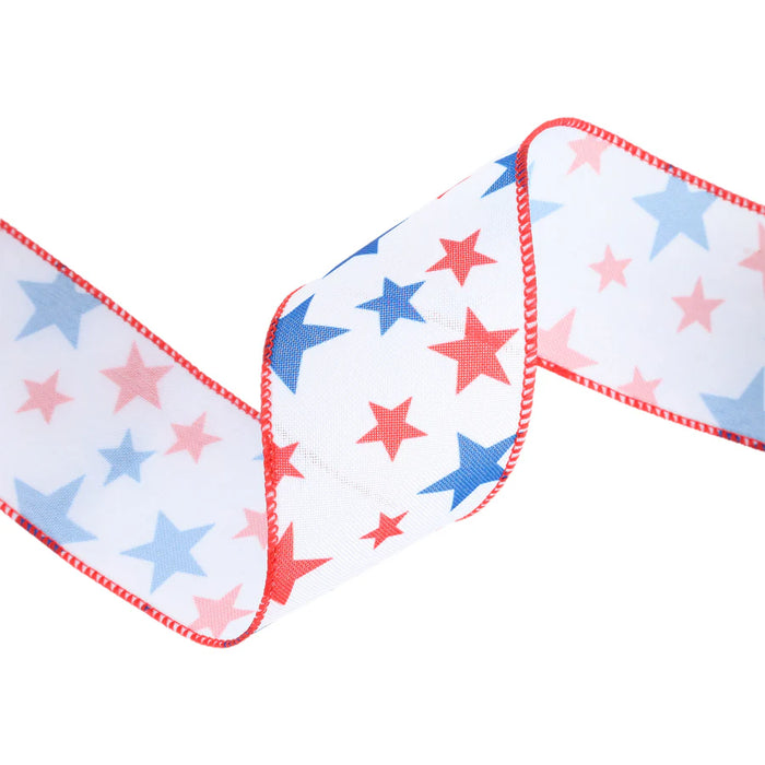 2.5" White with Red and Blue Stars Wired Ribbon 9500W-029-63E