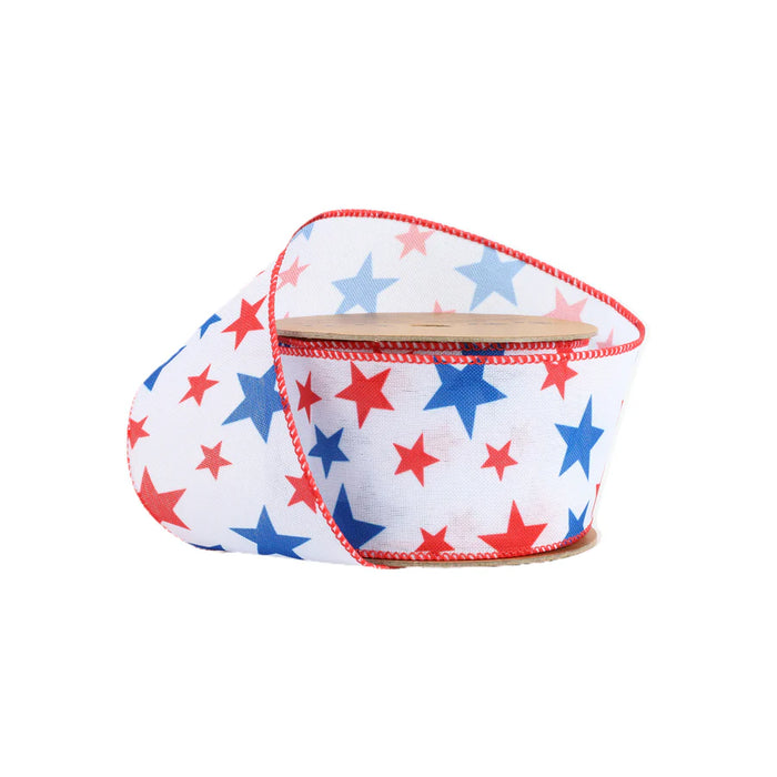 2.5" White with Red and Blue Stars Wired Ribbon 9500W-029-63E