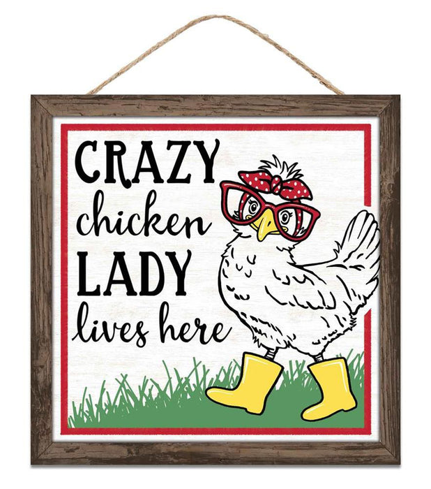 10"Sq Mdf Crazy Chicken Lady Sign Black/White/Red/Yellow/Green/Brown AP7315