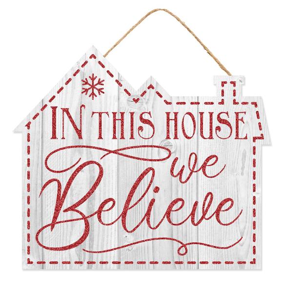 11.25" L by 9.75" White/Red We Believe Glitter Sign AP7812