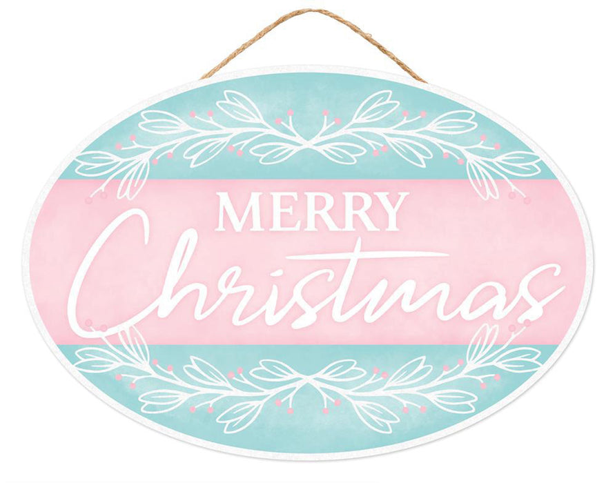 13"L X 9"H Merry Christmas Oval Sign Pink/Ice Blue/White AP786963