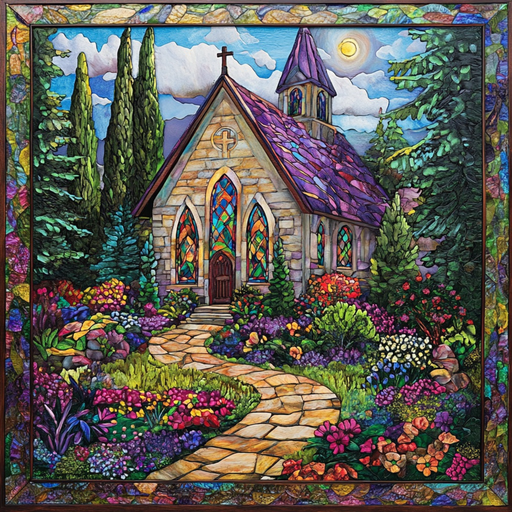 The artwork features a vibrant, stained-glass style depiction of a small, charming church adorned with a "10\" x 10\" Amazing Grace Church Sign (2) TTE-095" beautifully inscribed on its facade. Nestled amidst colorful flowers and trees, the church stands out with its purple roof and radiant stained-glass windows. A stone path leads to the wooden door under the bright sun.