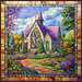 A vibrant 10" x 10" Amazing Grace Church Sign (TTE-094) captures the essence of a church with a purple roof nestled within lush gardens. The colorful windows gleam as though they are expressing "Amazing Grace," framed by blooming flowers and trees, creating the effect of a living sign against the bright, partly cloudy sky.