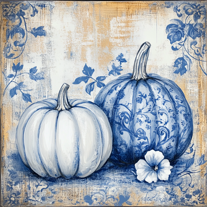 10" x 10" Vintage Blue/White Chinoiserie Pumpkins Sign TTE-071