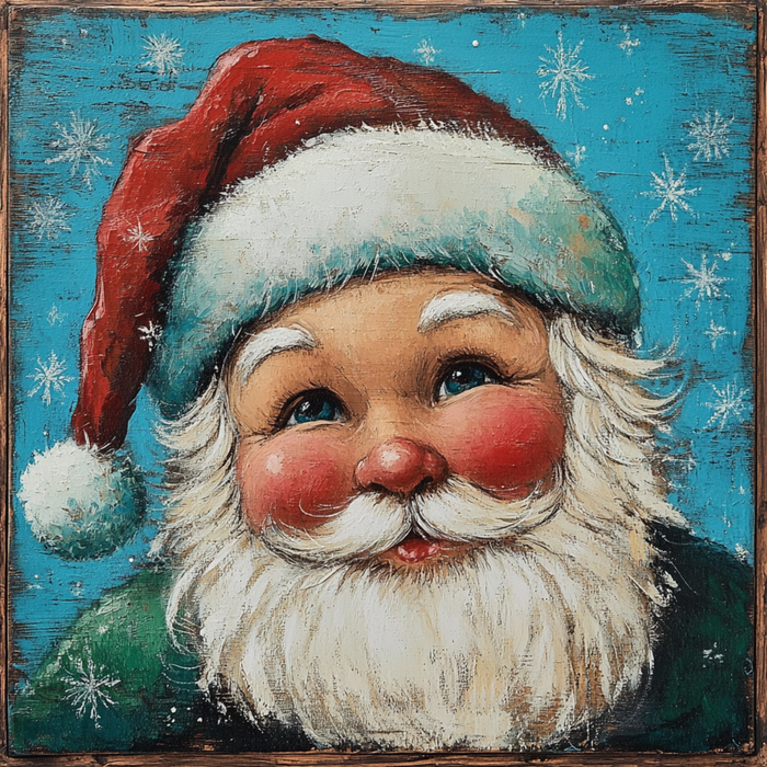 A joyful Santa Claus with rosy cheeks and a fluffy white beard grins against a blue background sprinkled with snowflakes, reminiscent of the 10" x 10" Blue Vintage Santa Sign TTE-031. He sports a traditional red and white hat, evoking the charm of holiday metal decor.