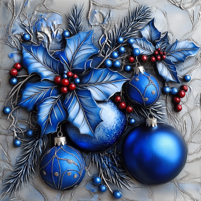 The 10" x 10" Blue, Red, Silver Poinsettia & Ornaments Sign TTE-067 showcases a festive arrangement of blue holly leaves with red berries, silver pine branches, and three shimmering poinsettia ornaments on a textured background.