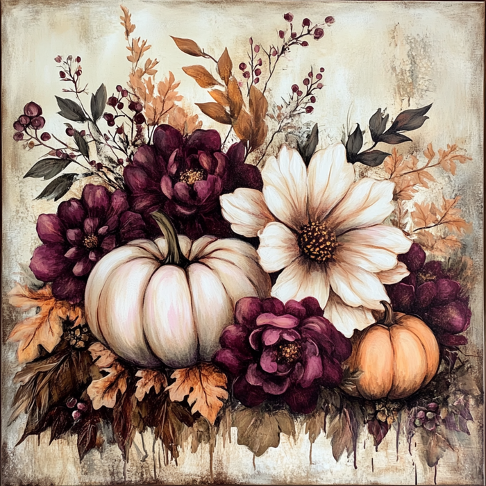 10" x 10" Burgundy Florals & Pumpkins Sign TTE-072