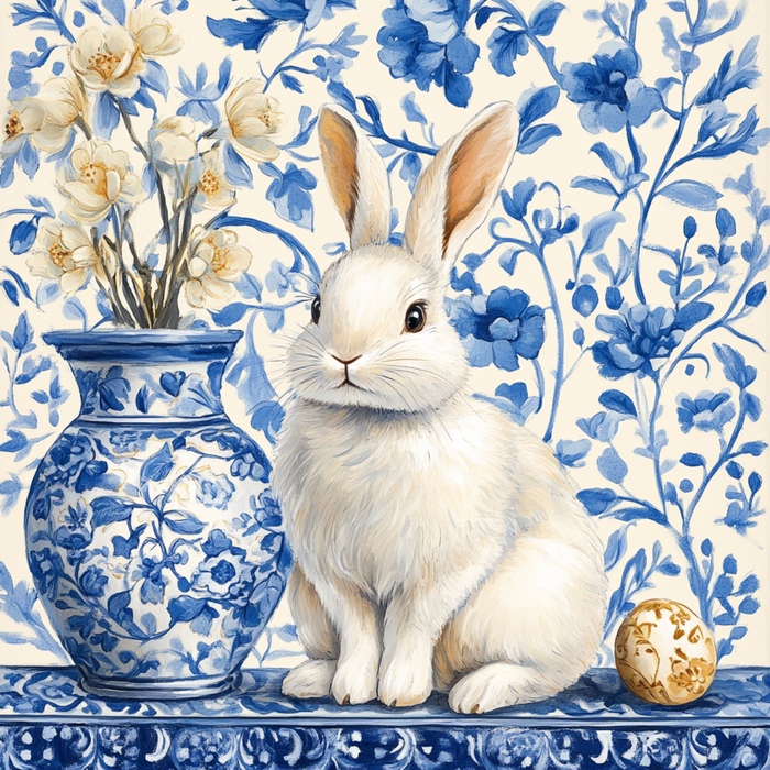 A white rabbit nestles beside a Chinoiserie vase with cream flowers, while a gold-accented decorative egg gleams nearby. The blue floral backdrop complements the vase, creating an enchanting scene ideal for the 10 x 10 Chinoiserie Easter Bunny Sign TTE-195 or metal display.