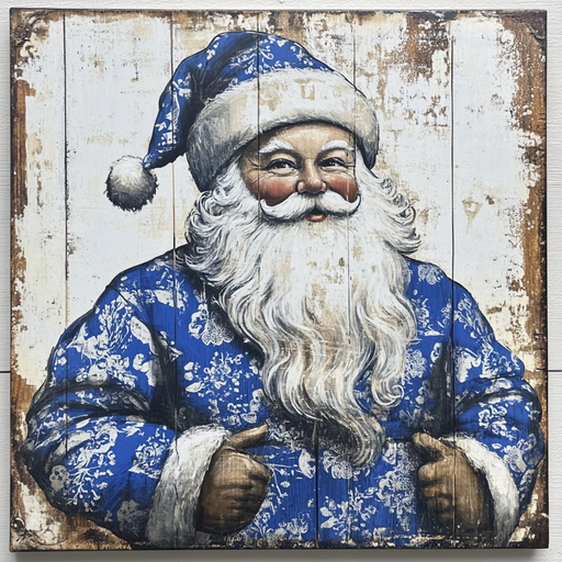 The 10" x 10" Vintage Blue Chinoiserie Santa Sign TTE-089 showcases Santa Claus depicted in a blue and white patterned coat and hat, with his long white beard flowing as he warmly smiles while adjusting his coat against a rustic wooden background.