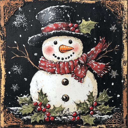 The 10" x 10" Christmas Holly Snowman Sign TTE-137 features a festive snowman with a carrot nose, black top hat, and red scarf. It is surrounded by snowflakes and holly leaves adorned with red berries. The dark background and ornate corners create a vintage holiday card aesthetic, making it an ideal choice for charming Christmas decor.